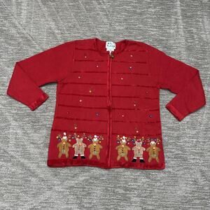 Quacker Factory Sweater Womens Large Red Christmas Reindeer Gingerbread Zip